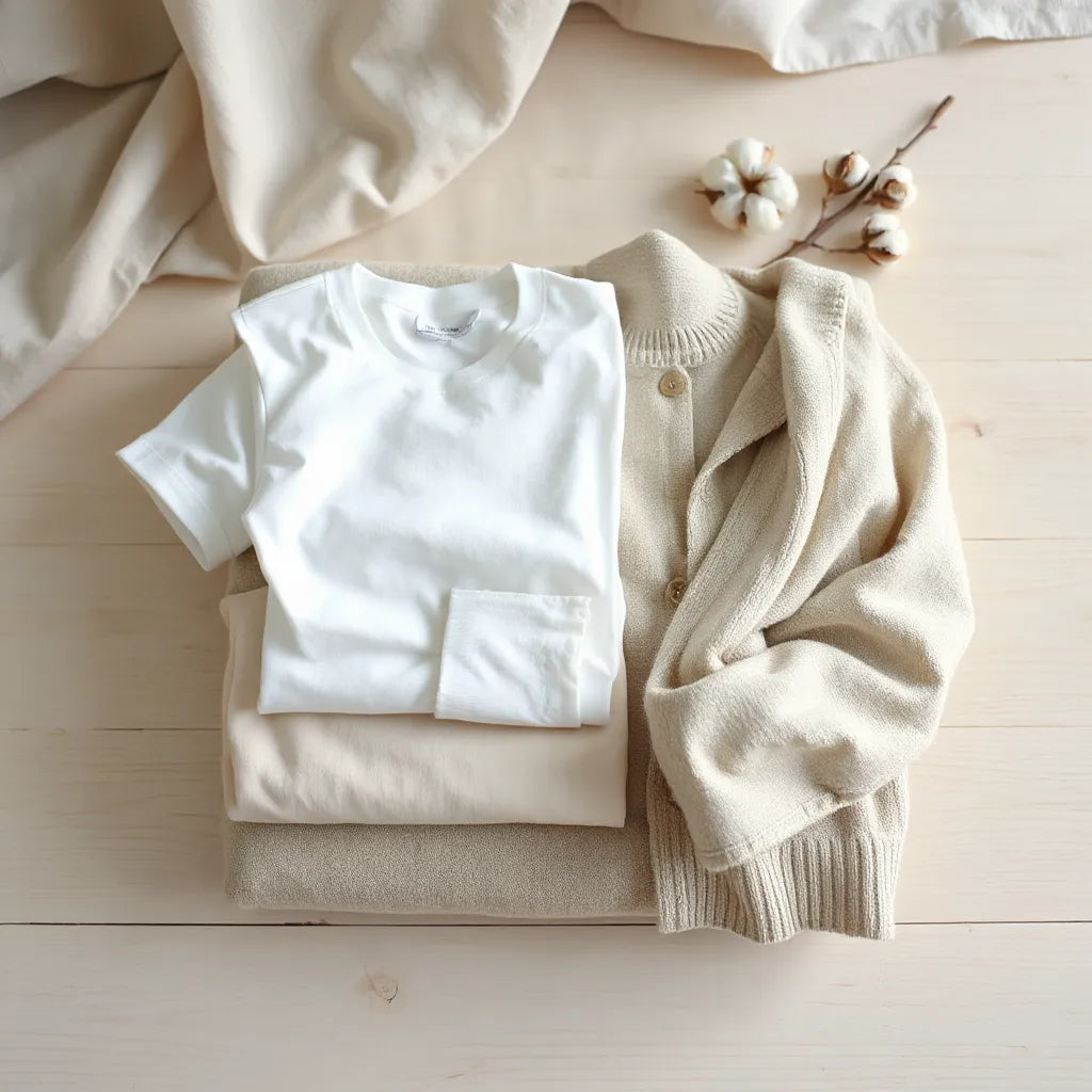 Neatly folded organic cotton shirts and a soft cardigan in natural light