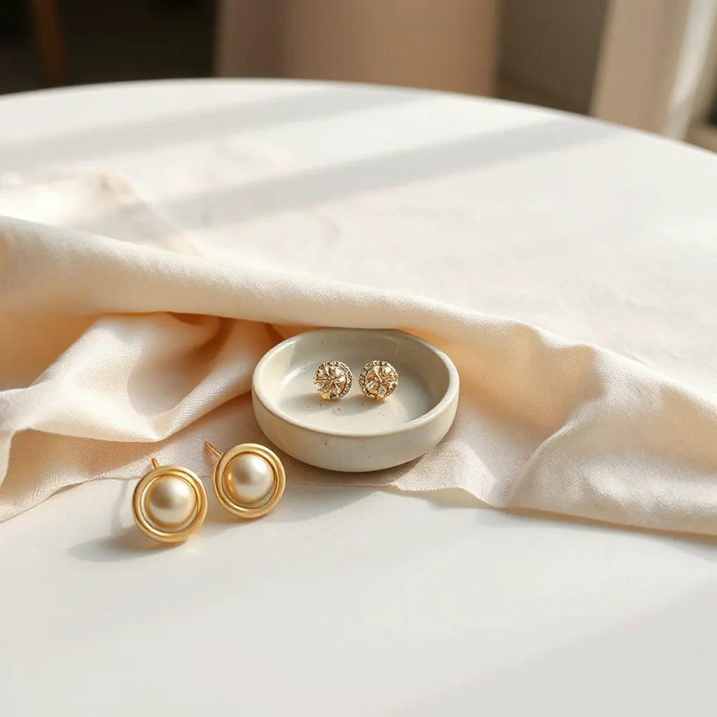 Assorted gold and silver ear clip accessories arranged on a minimal jewelry setup