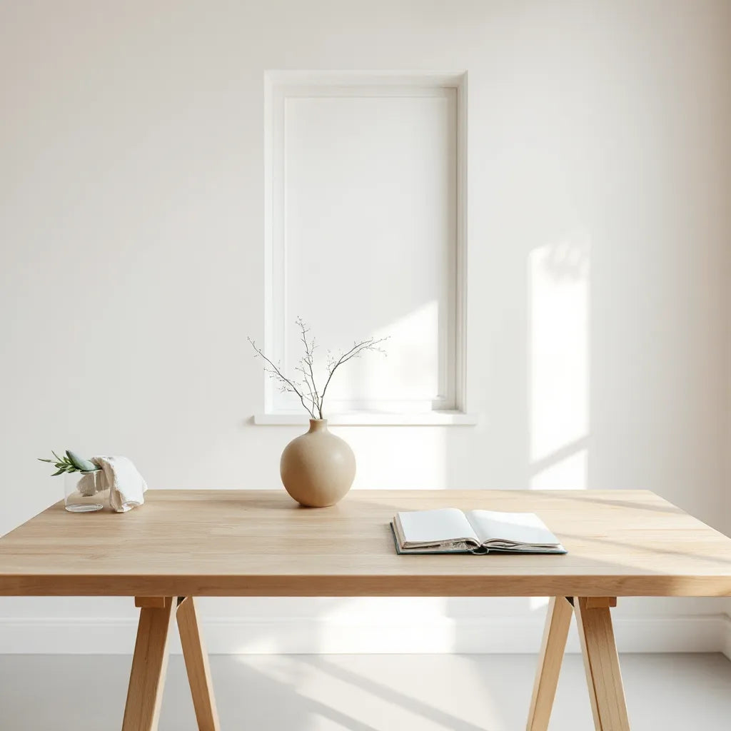 Minimal, uncluttered desk with neutral decor and soft natural light