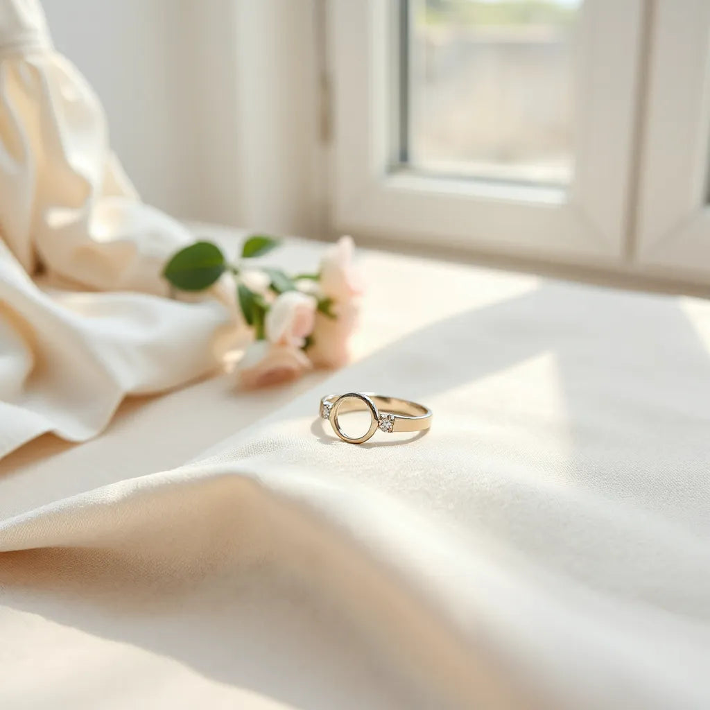 Elegant ring on neutral fabric with soft light and a blurred refined outfit background