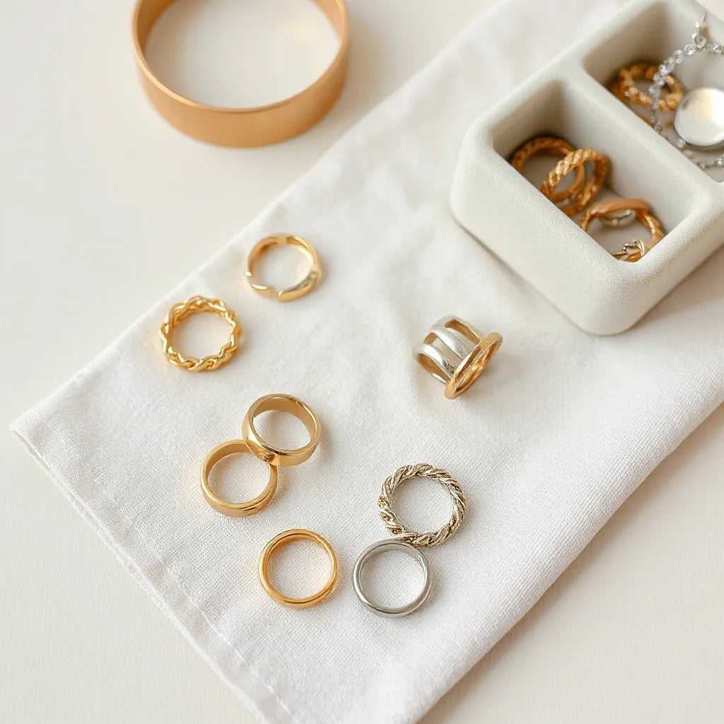 Layered gold-tone and silver-tone chain rings with one ring worn on a hand against a neutral background
