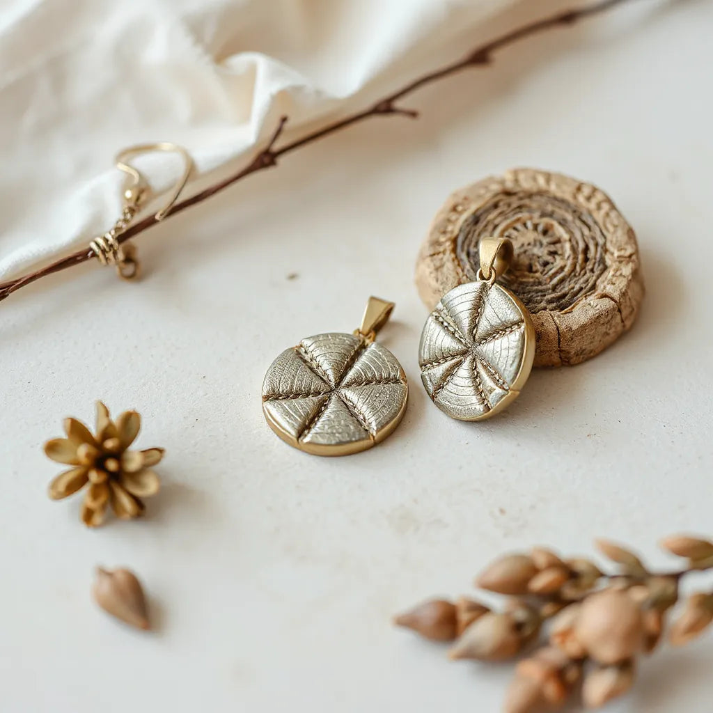 Quilted texture pendant and matching earrings on a minimal fabric backdrop under soft natural light