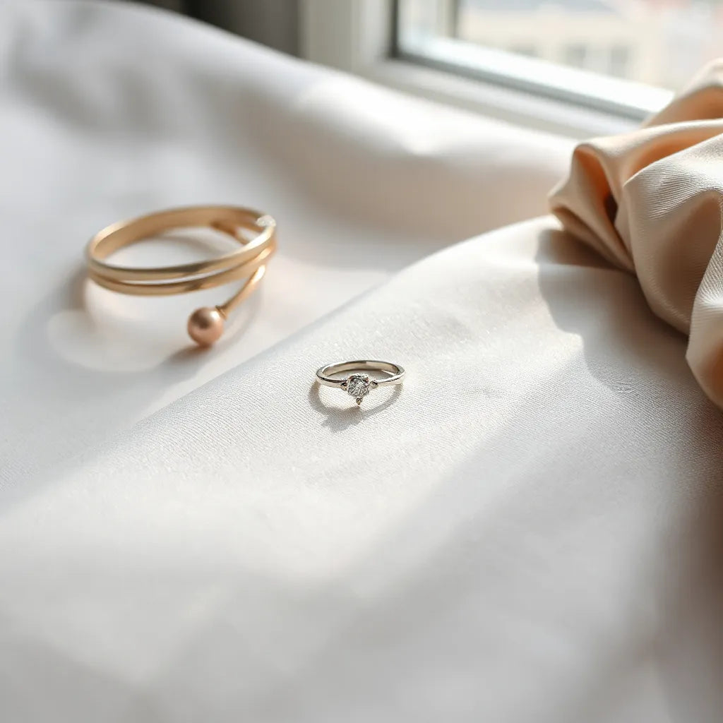 Elegant Korean-style luxury ring on neutral fabric with soft natural light and minimal styling
