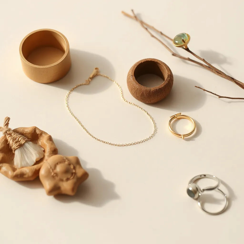 Delicate gold-toned korean jewelry pieces, including a necklace, small hoops, and a dainty ring on a neutral tabletop