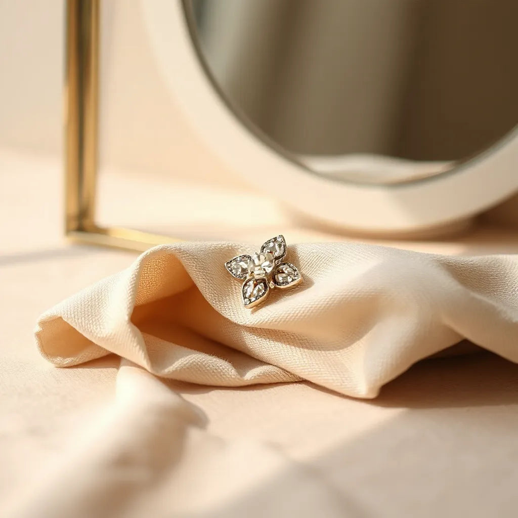Elegant luxury ear clip with subtle sparkle on neutral fabric in warm natural light