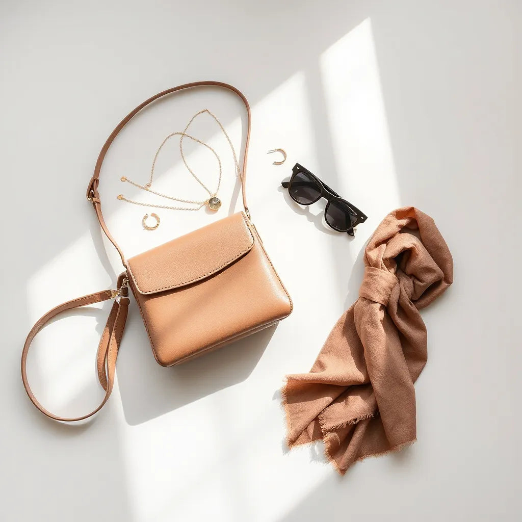 Layered necklaces, watch, scarf, sunglasses, earrings, and a crossbody bag arranged neatly on a light background