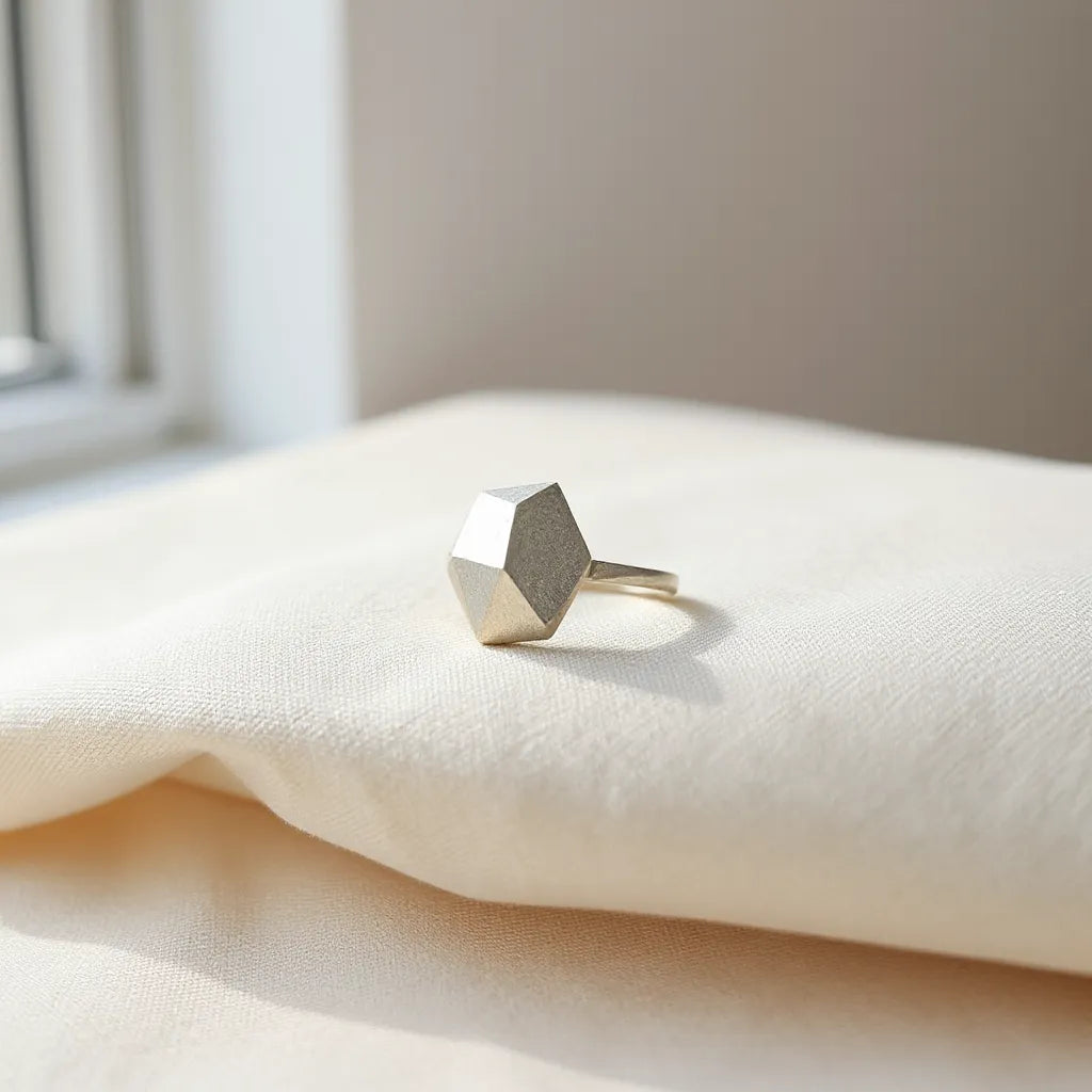 An irregular geometric ring with faceted edges displayed on a neutral fabric background under soft light.