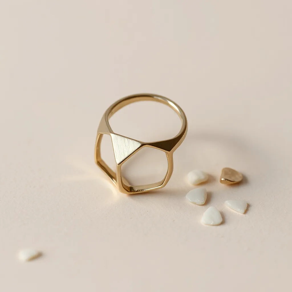 Geometric ring with angular facets displayed on a neutral background under soft natural light