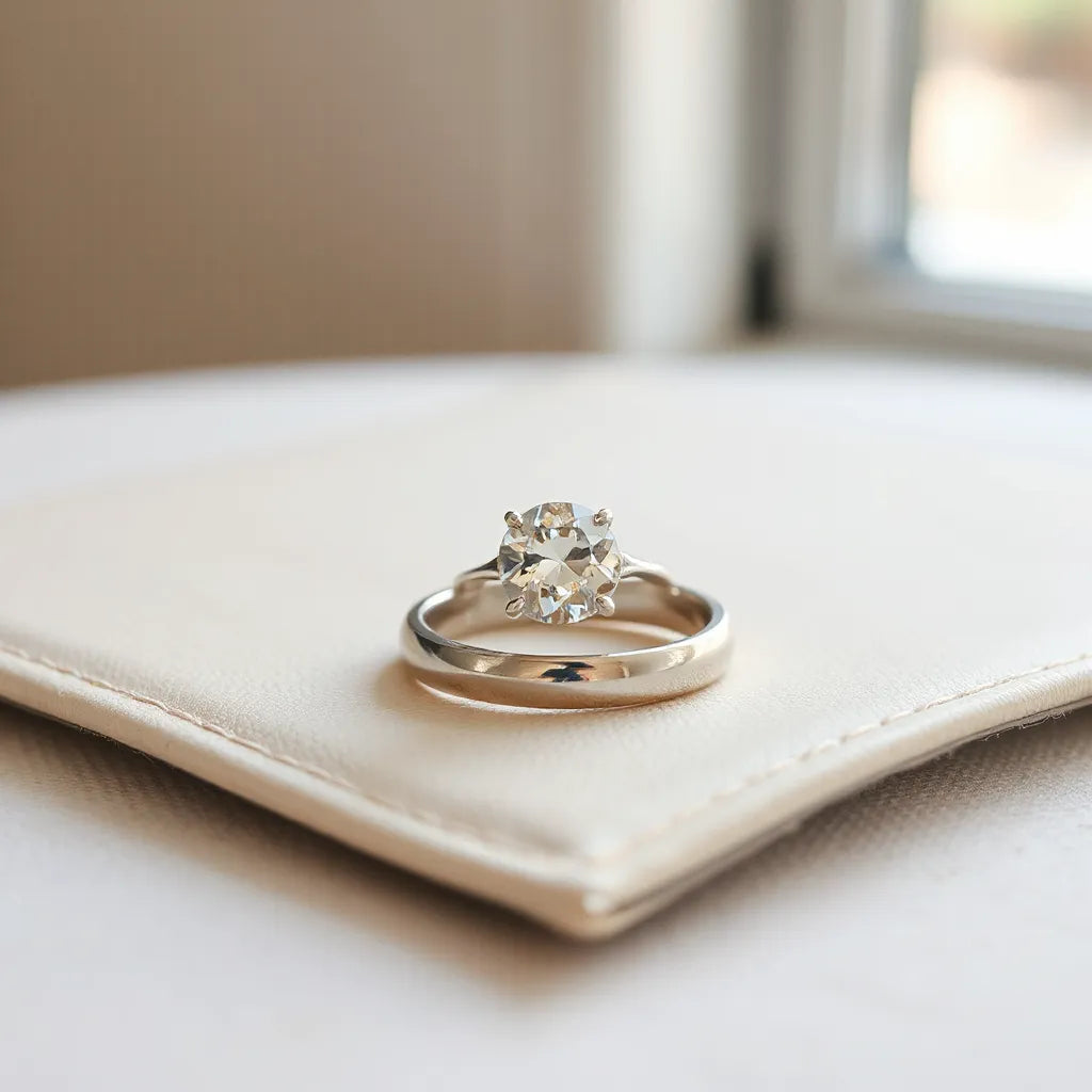 A single elegant ring with a subtle gemstone setting resting on a neutral background in soft natural light