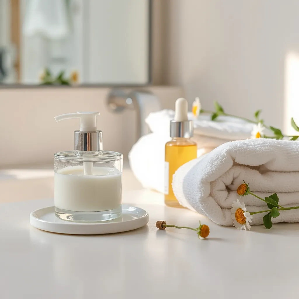 Fragrance-free skincare items on a softly lit vanity for soothing sensitive skin care