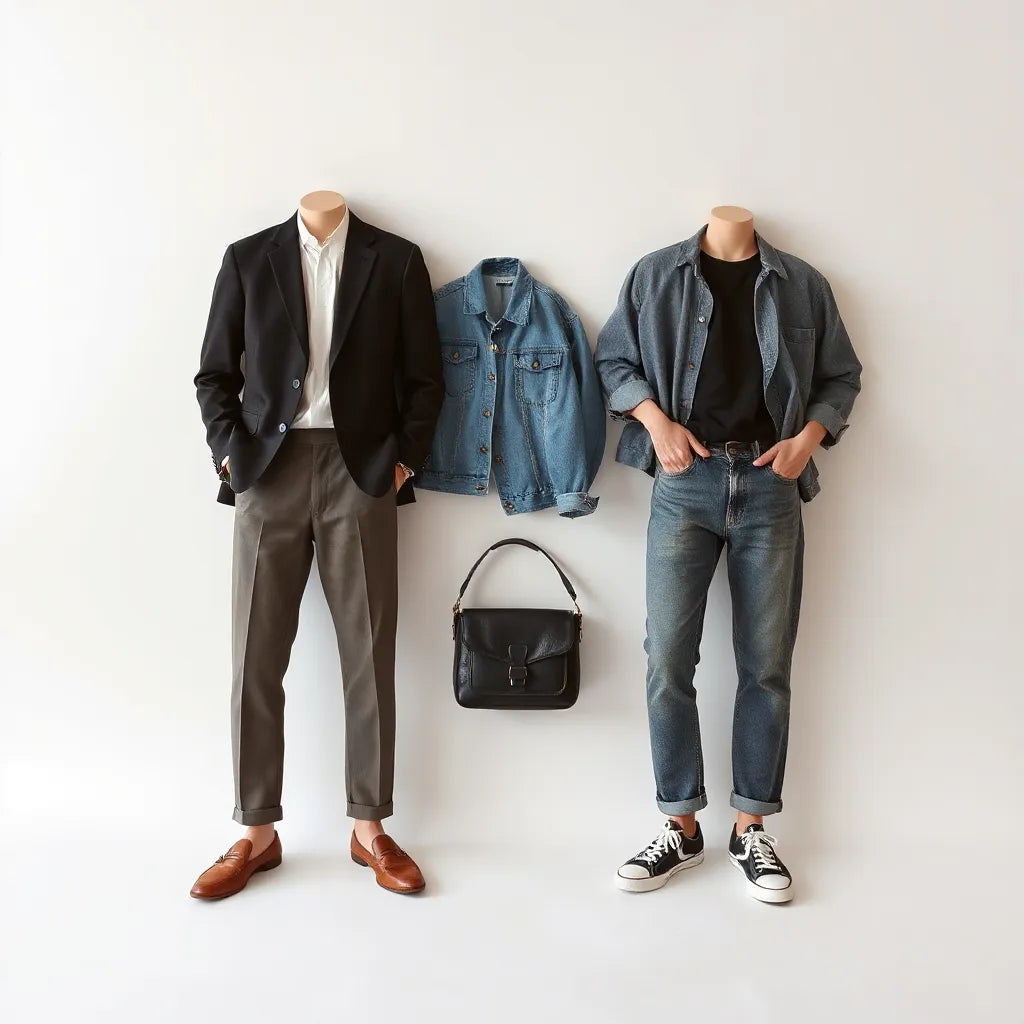 Two contrasting styled outfits blending European tailoring and American casual denim on a clean studio background