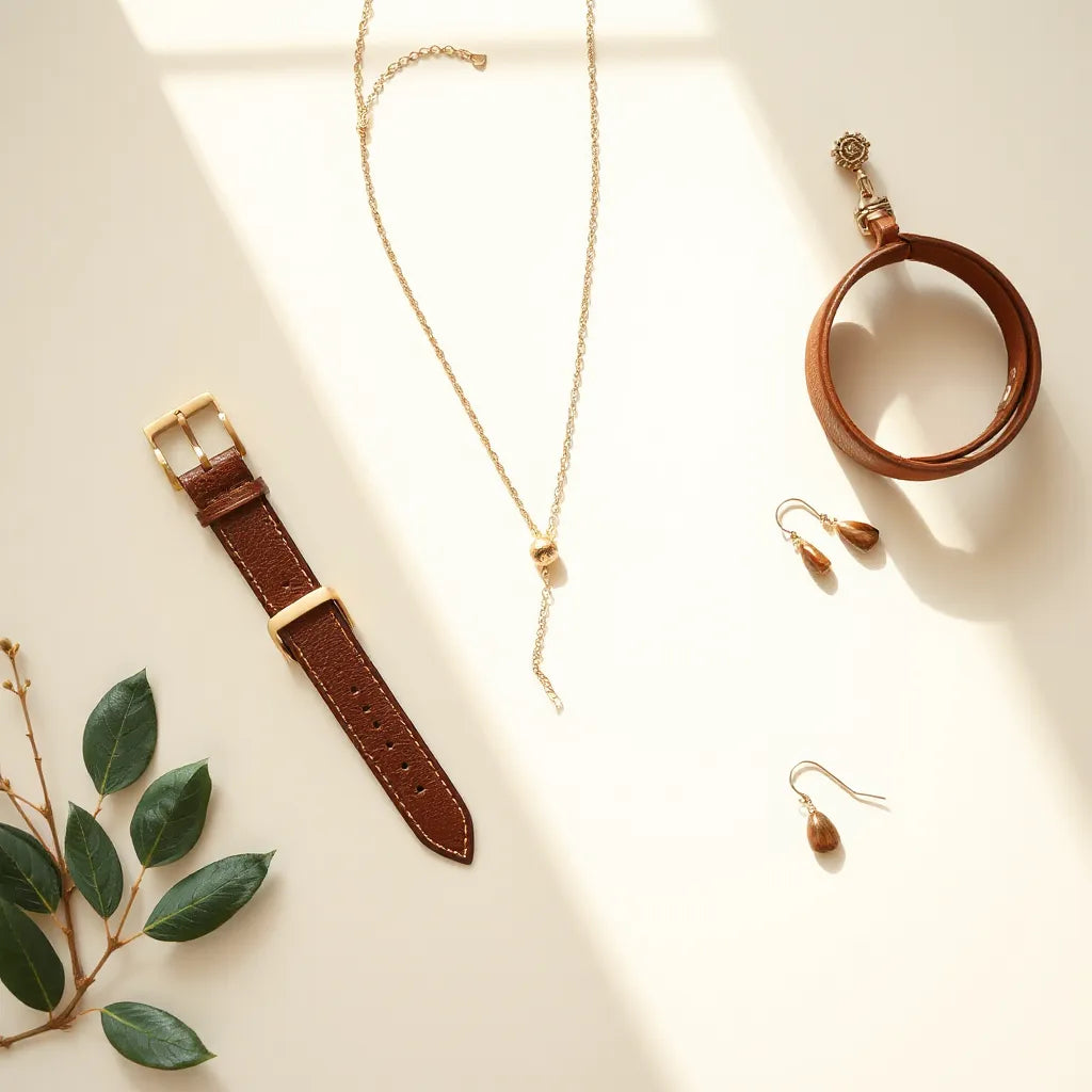 Gold necklace, minimalist earrings, leather watch strap, and belt arranged on a neutral background