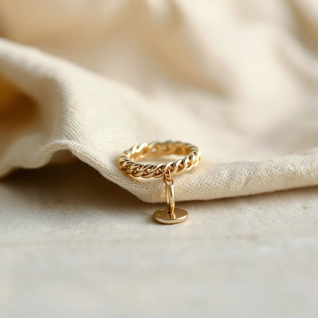 Woven chain ring with an interlaced texture resting on neutral linen in soft daylight