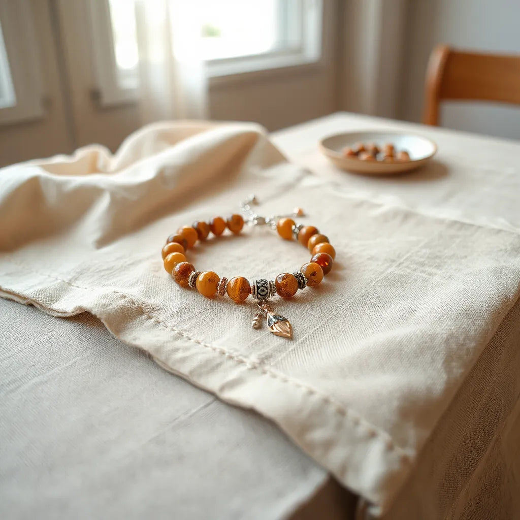 Retro style bracelet with patterned charms and beads on neutral fabric