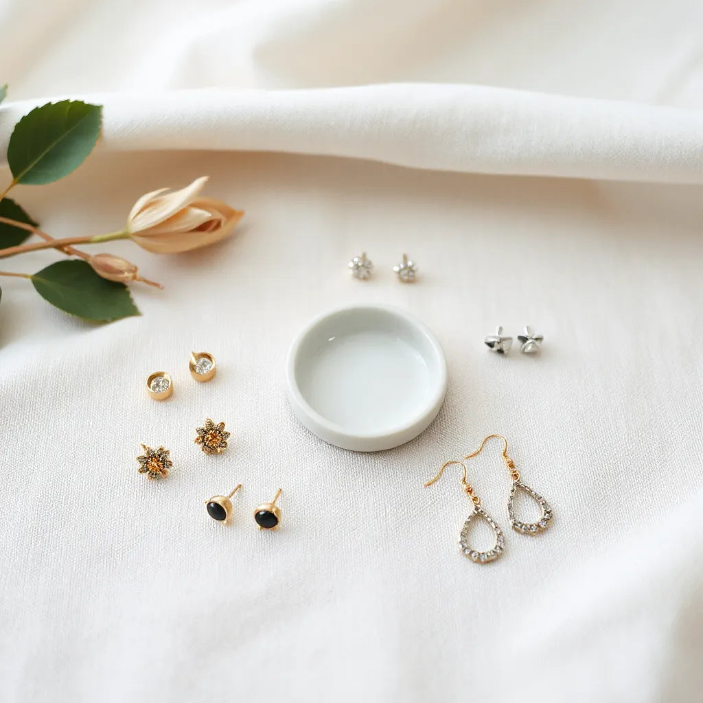 Curated assortment of earrings including studs, hoops, and drops arranged on neutral fabric