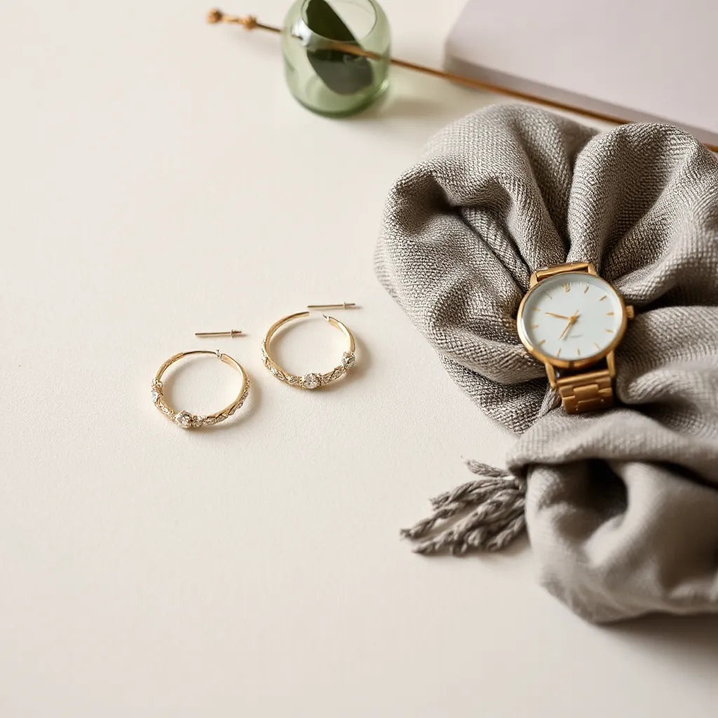 Elegant pair of earrings with subtle shine styled with a minimalist watch and scarf on a neutral background
