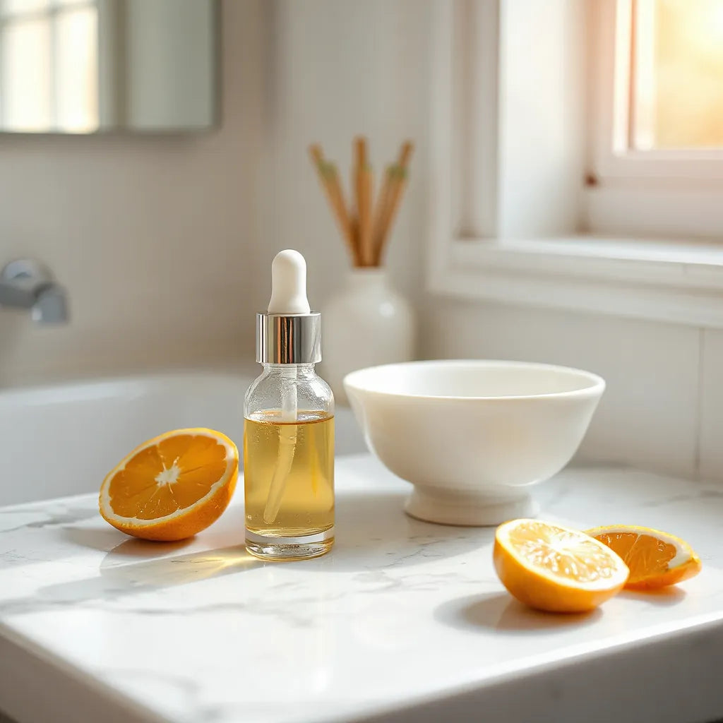 Dropper bottle of pale golden serum with citrus slices and warm sunlight on a clean vanity