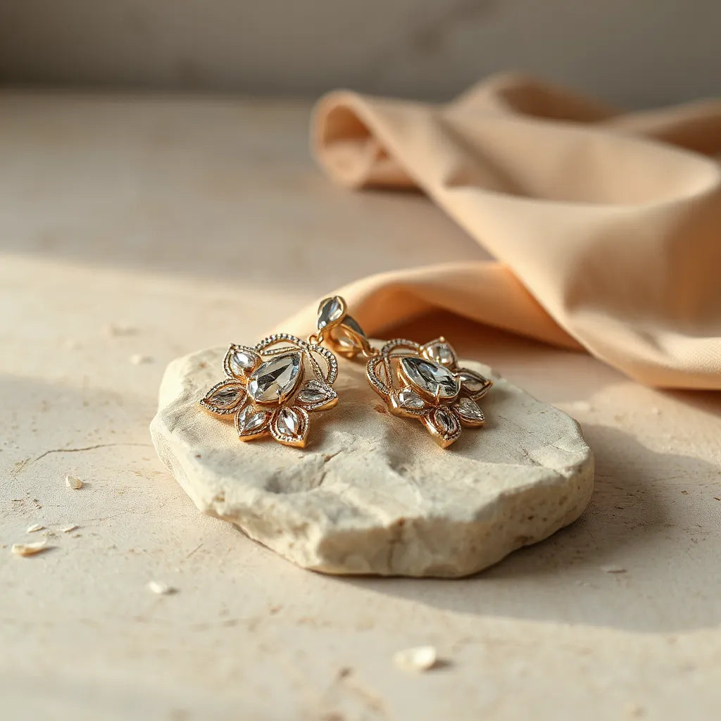A pair of ornate, gem-accented extravagant design earrings on a neutral stone surface with soft lighting