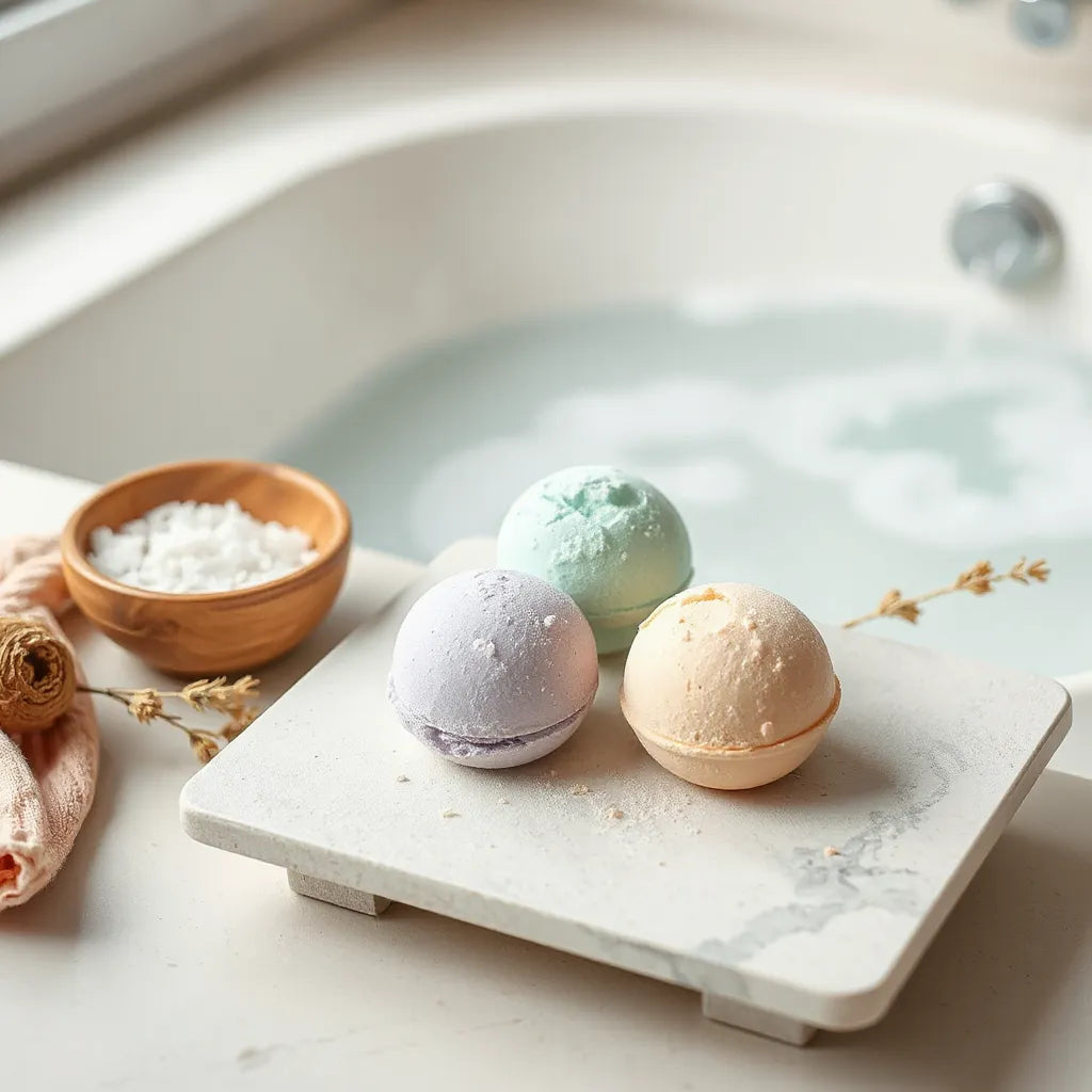 Colorful handmade bath bombs on a tray with sea salt and dried botanicals near a bubbling bath