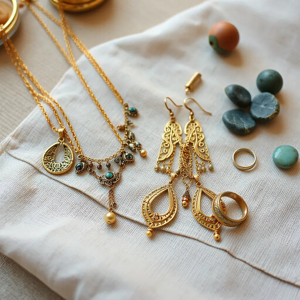 Artisan ethnic jewelry design display with layered necklaces, earrings, bangles, and rings on neutral fabric