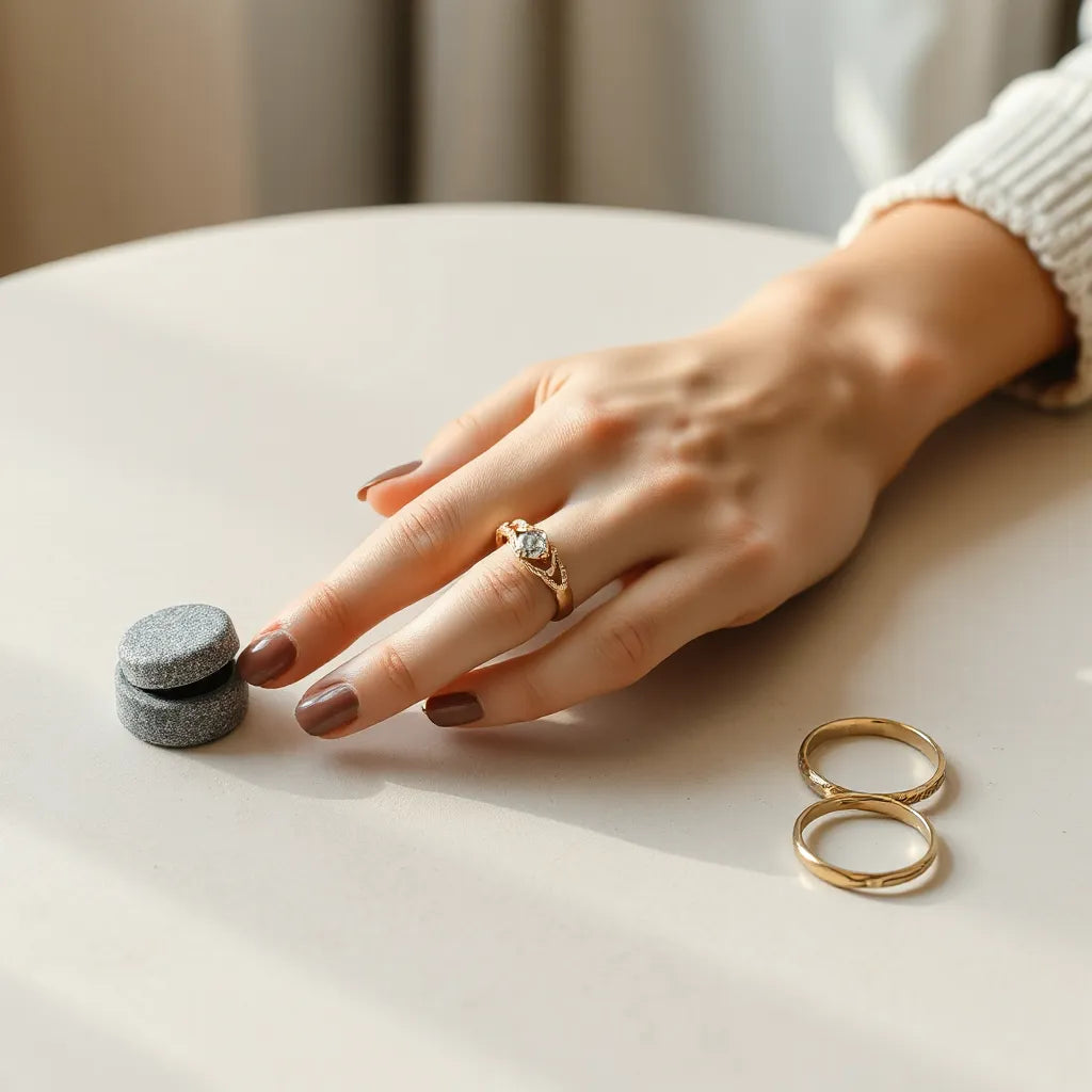Woman’s hand wearing a fashion ring on a neutral tabletop with softly lit rings nearby