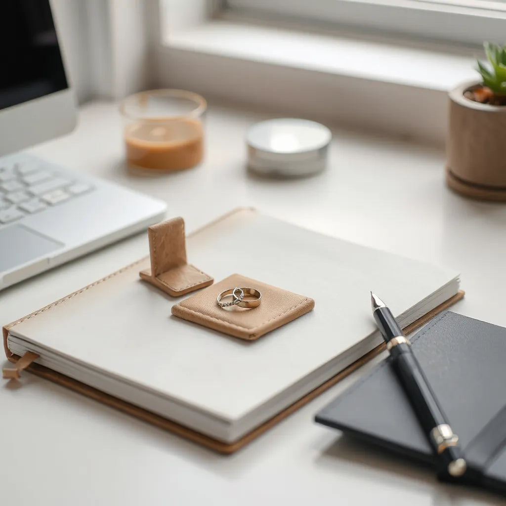 Elegant ring resting on a leather portfolio on a minimalist office desk