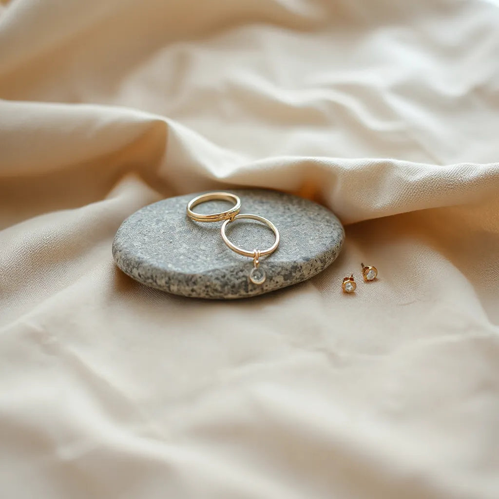 Delicate minimalist rings, a pendant necklace, and small stud earrings on neutral fabric and stone