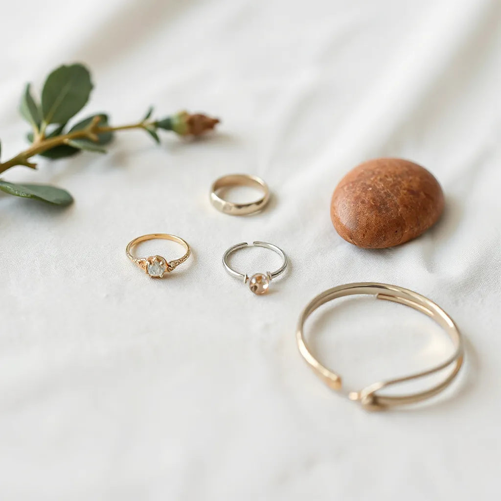 Assorted fine jewelry on a neutral surface with rings, earrings, a pendant, and a bracelet