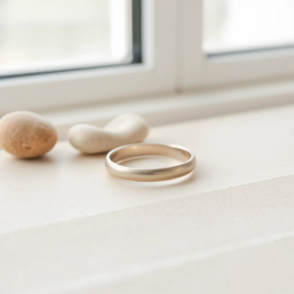 Minimalist polished ring resting on a neutral surface under soft natural light