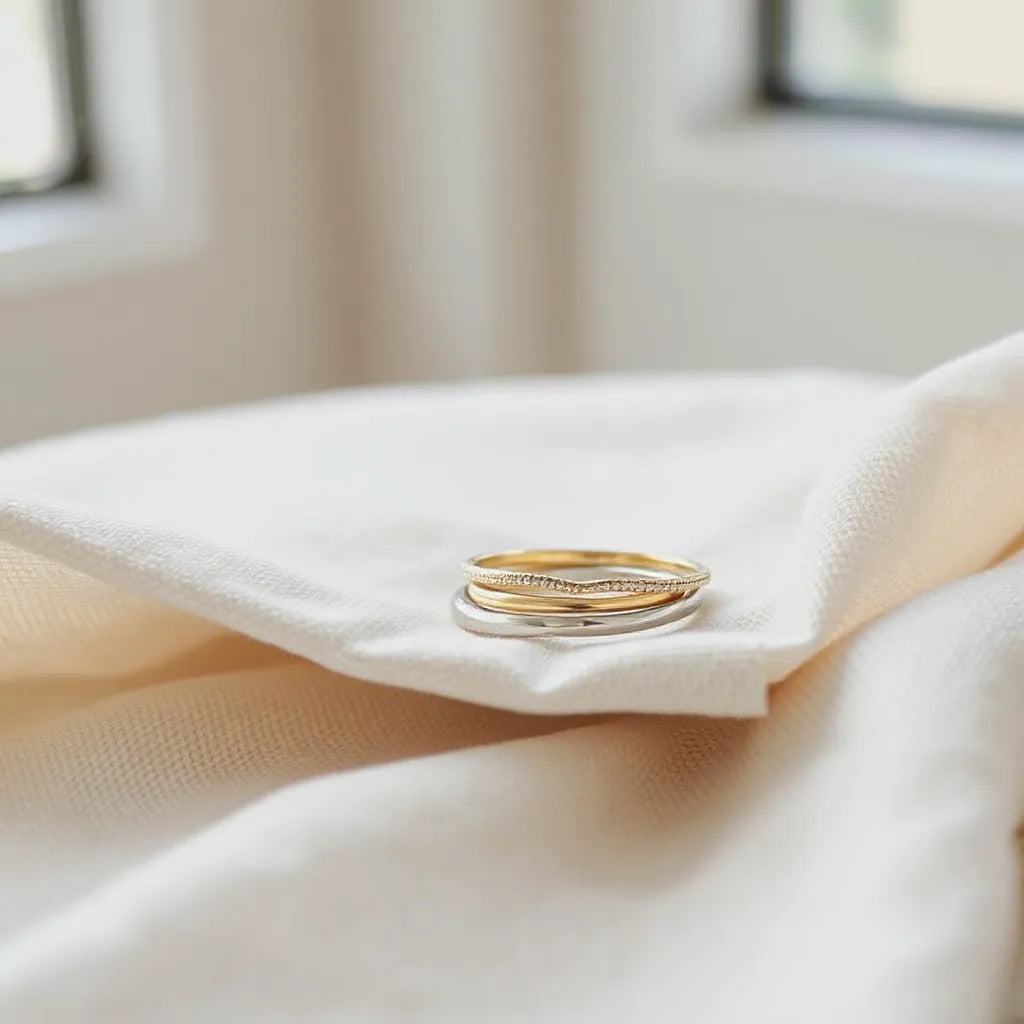 Minimal stack rings in gold and silver on light linen fabric under soft natural light