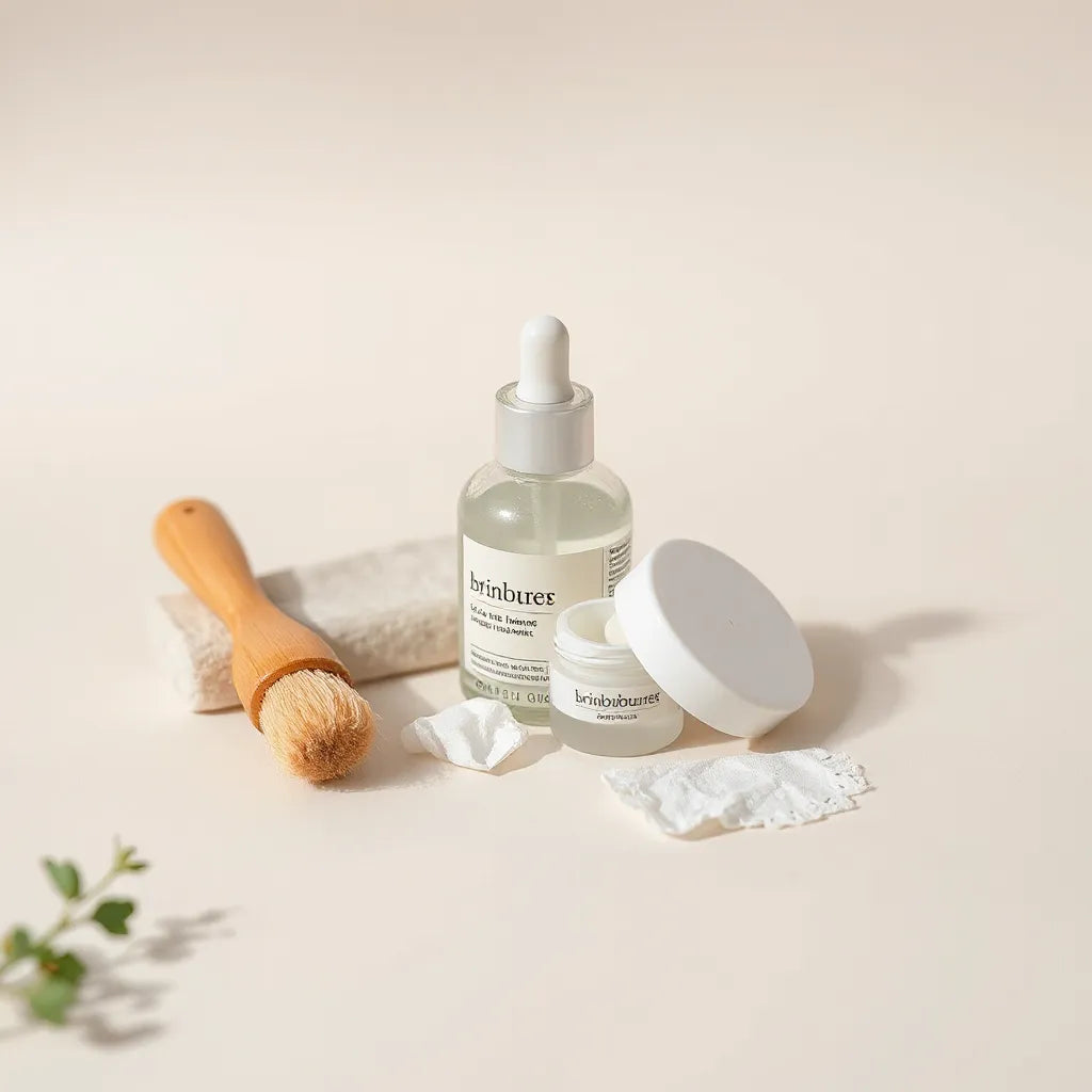 Clear serum bottle, cream jar, cotton pad, and skincare brush arranged neatly on a light background