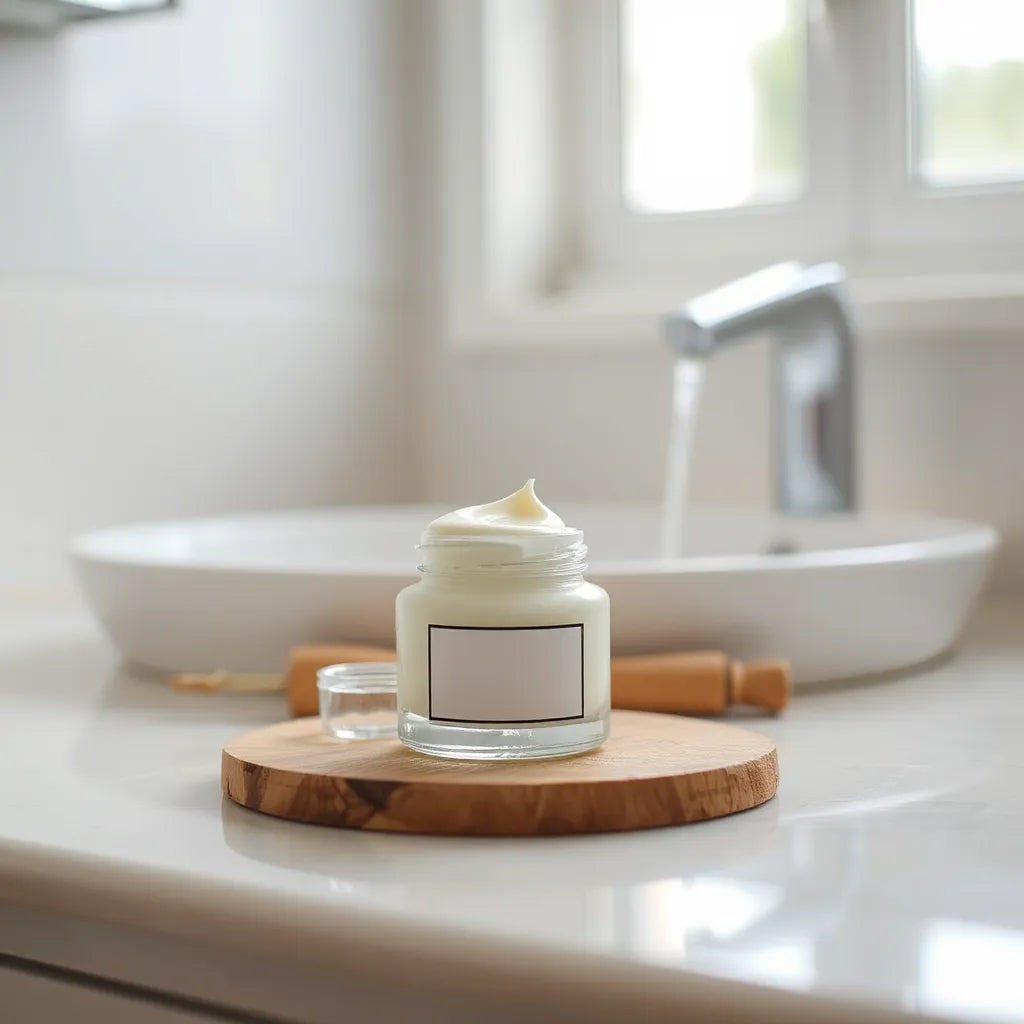 Anti-aging face cream jar with visible cream swirl on a clean countertop in soft natural light