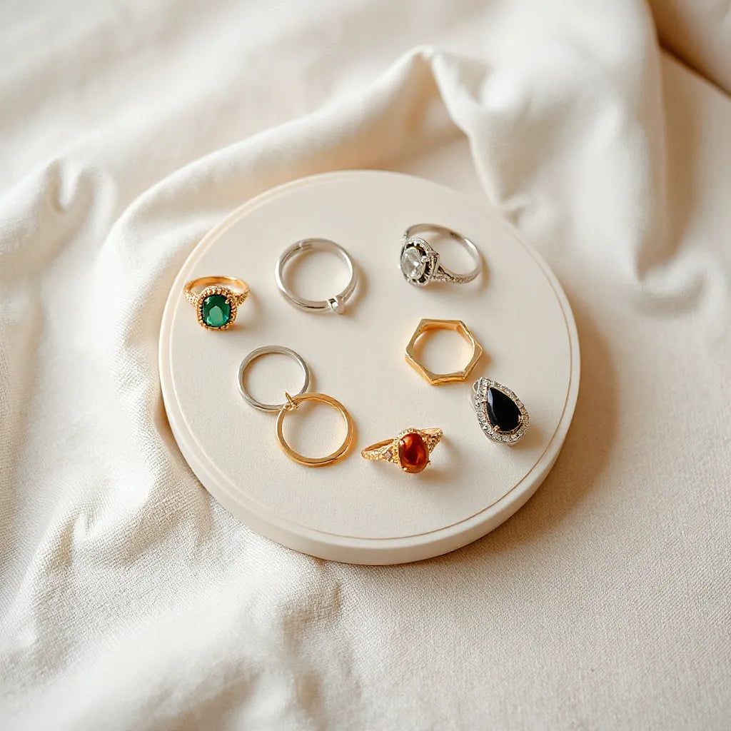 Assorted fashion rings for women on a neutral surface with soft natural light