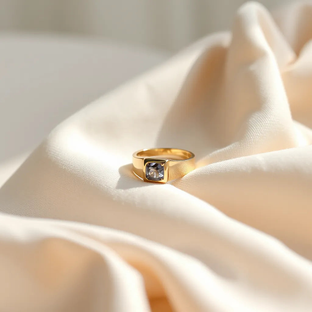 Gold bezel ring with a smooth bezel setting resting on neutral fabric under soft natural light