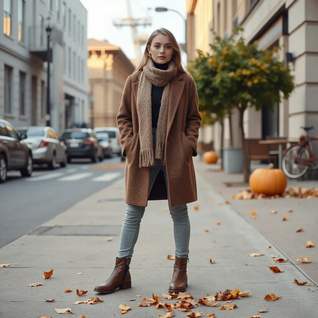 Autumn and winter model in layered knit and coat outfit with scarf and boots outdoors