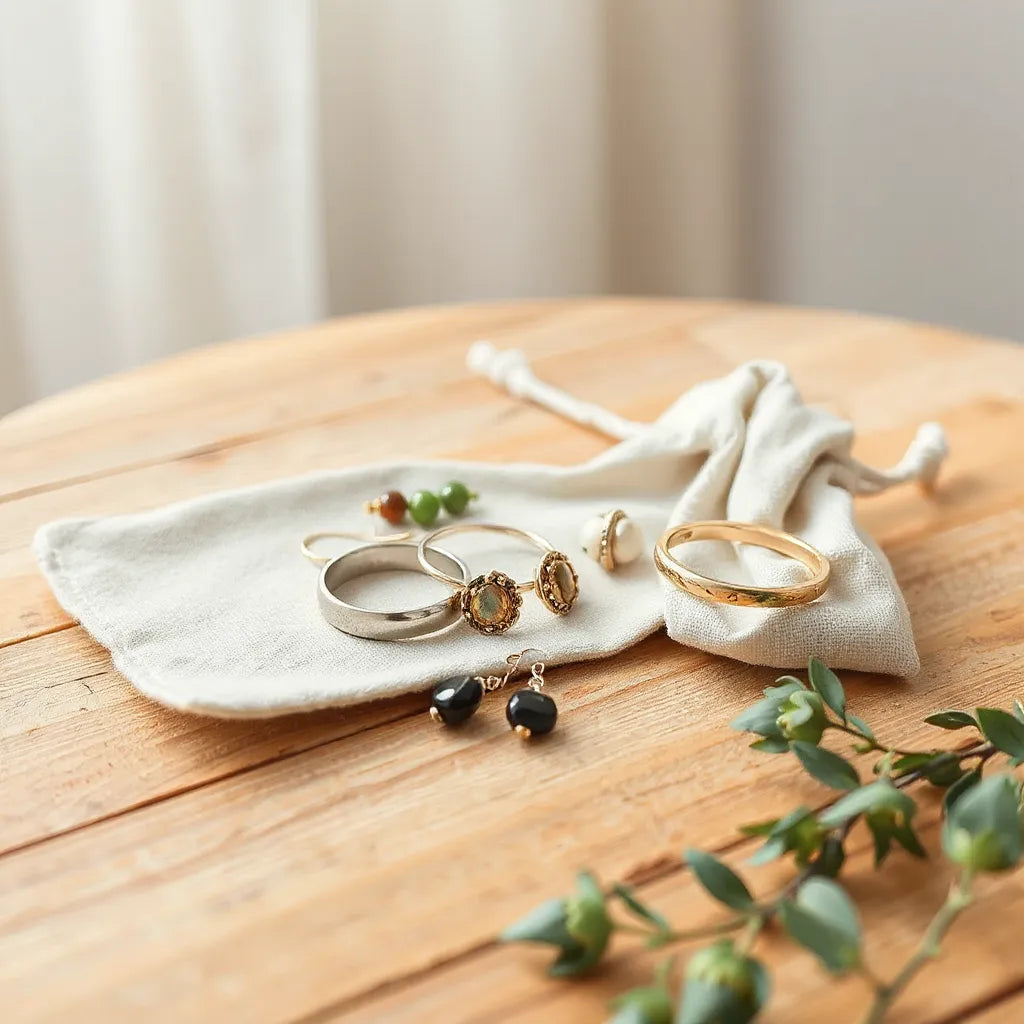 Recycled silver and gemstone jewelry with a linen pouch and greenery on a wooden table