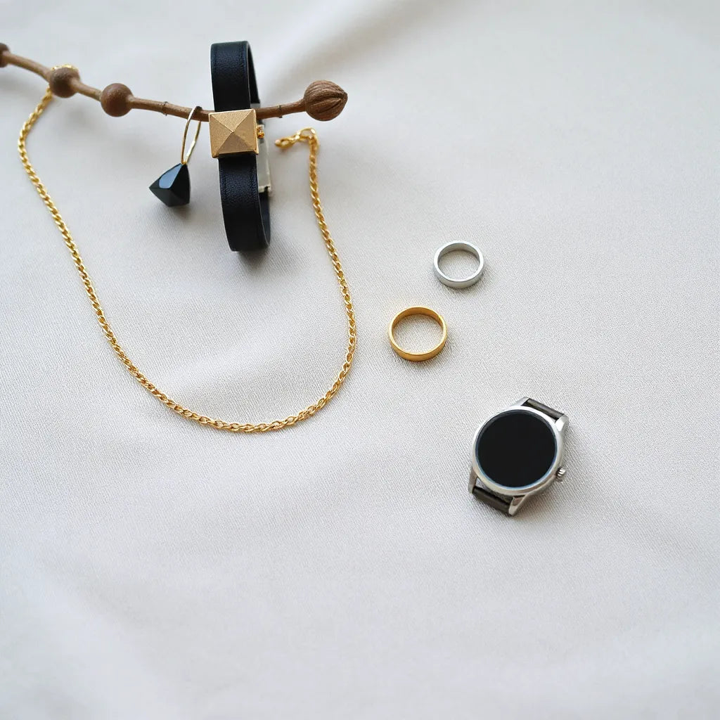 Minimal modern gold jewelry set with necklace, earrings, bracelet, and rings on neutral fabric