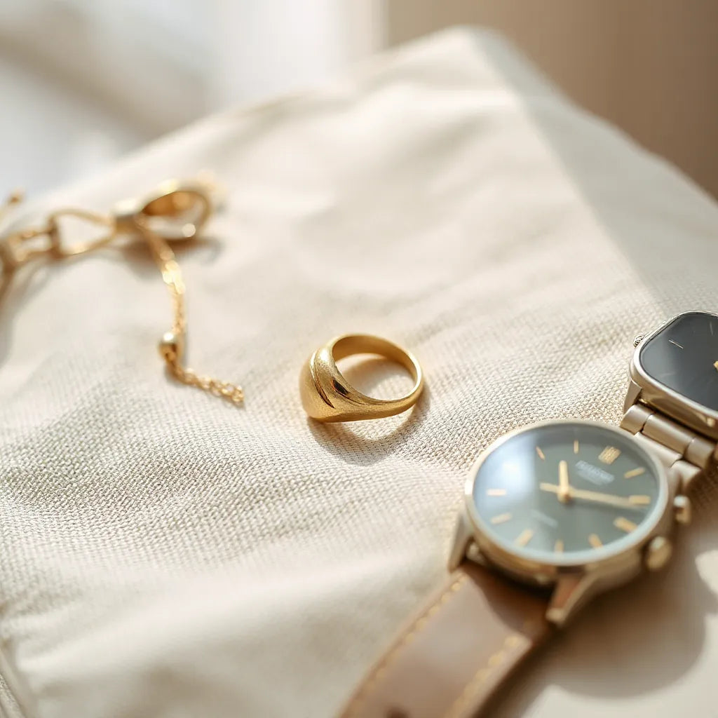 Gold adjustable ring on neutral fabric with soft natural light and minimal accessories nearby