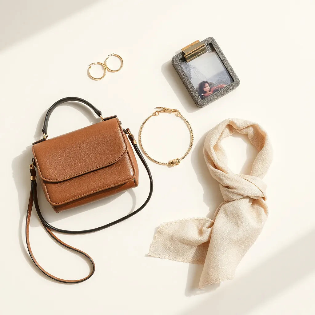 Assorted Korean-inspired fashion accessories including earrings, bracelet, mini bag, ribbon, and a scarf on a neutral background