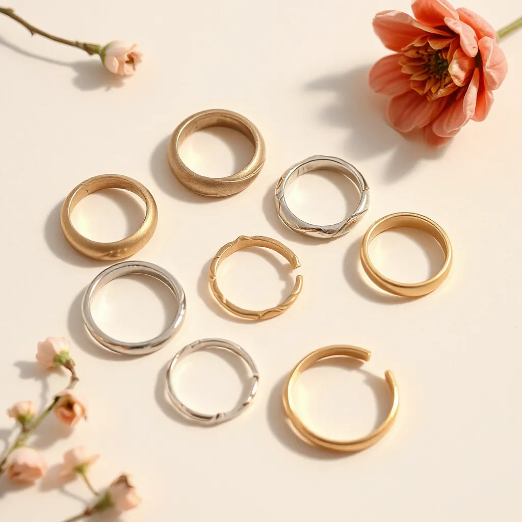 Elegant open rings in gold and silver tones arranged on a light neutral background