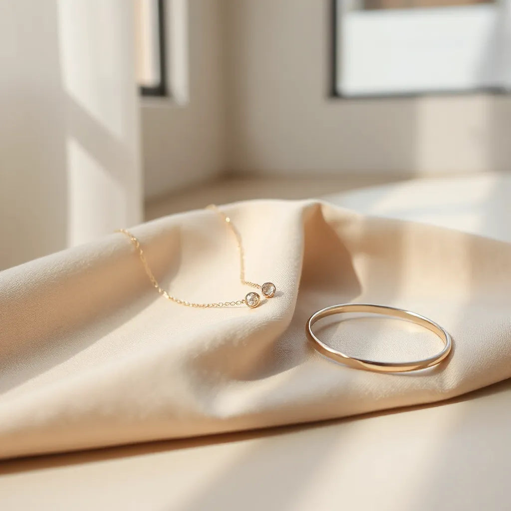 Delicate minimalist gold and silver jewelry pieces arranged on neutral fabric under soft light
