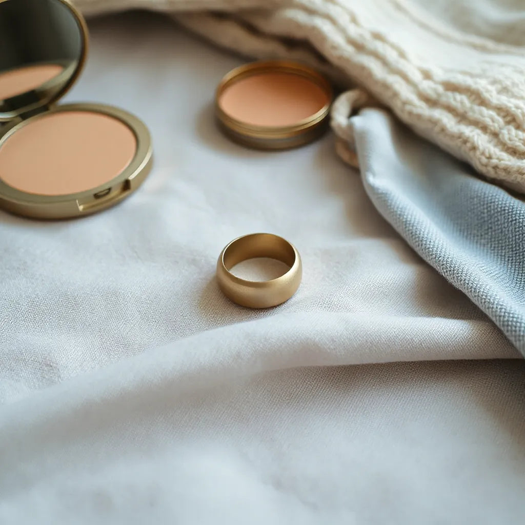 Open smooth ring styled on neutral fabric with minimal accessories and soft casual outfit textures in background