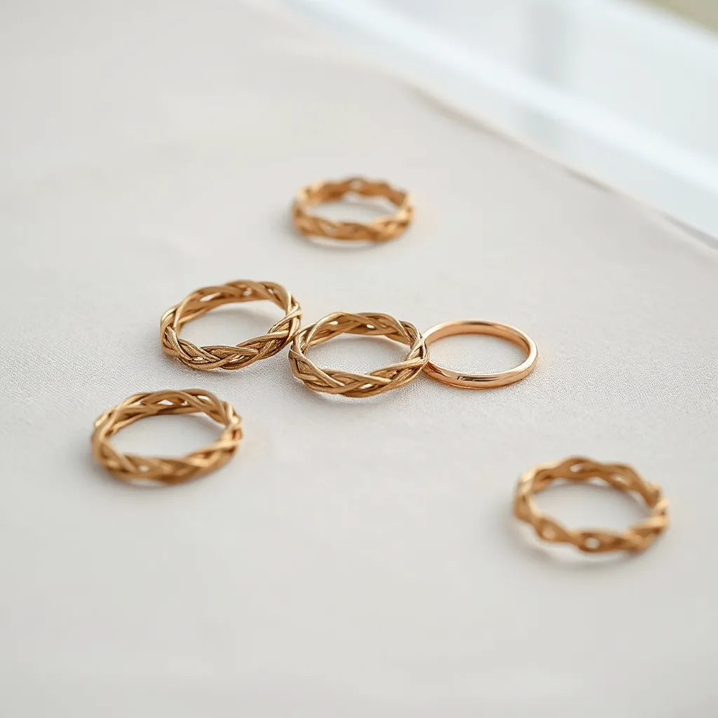 Woven chain rings with visible braided texture, arranged neatly under soft natural light