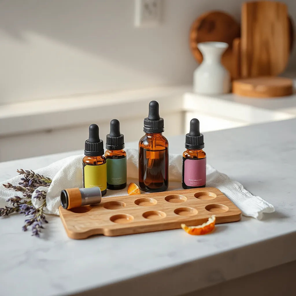 Dropper bottles of essential oils and a roller bottle arranged on a wooden surface with dried botanicals