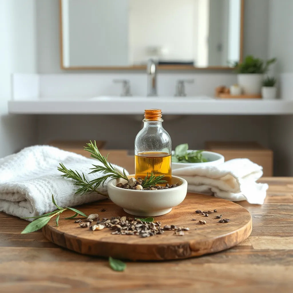 Botanical oils and dried herbs on a wooden surface beside a towel and fresh green leaves