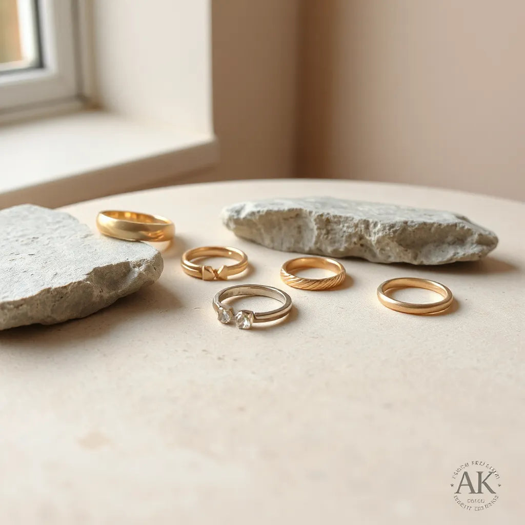 Assorted modern personality rings with geometric and sleek designs on a neutral stone surface