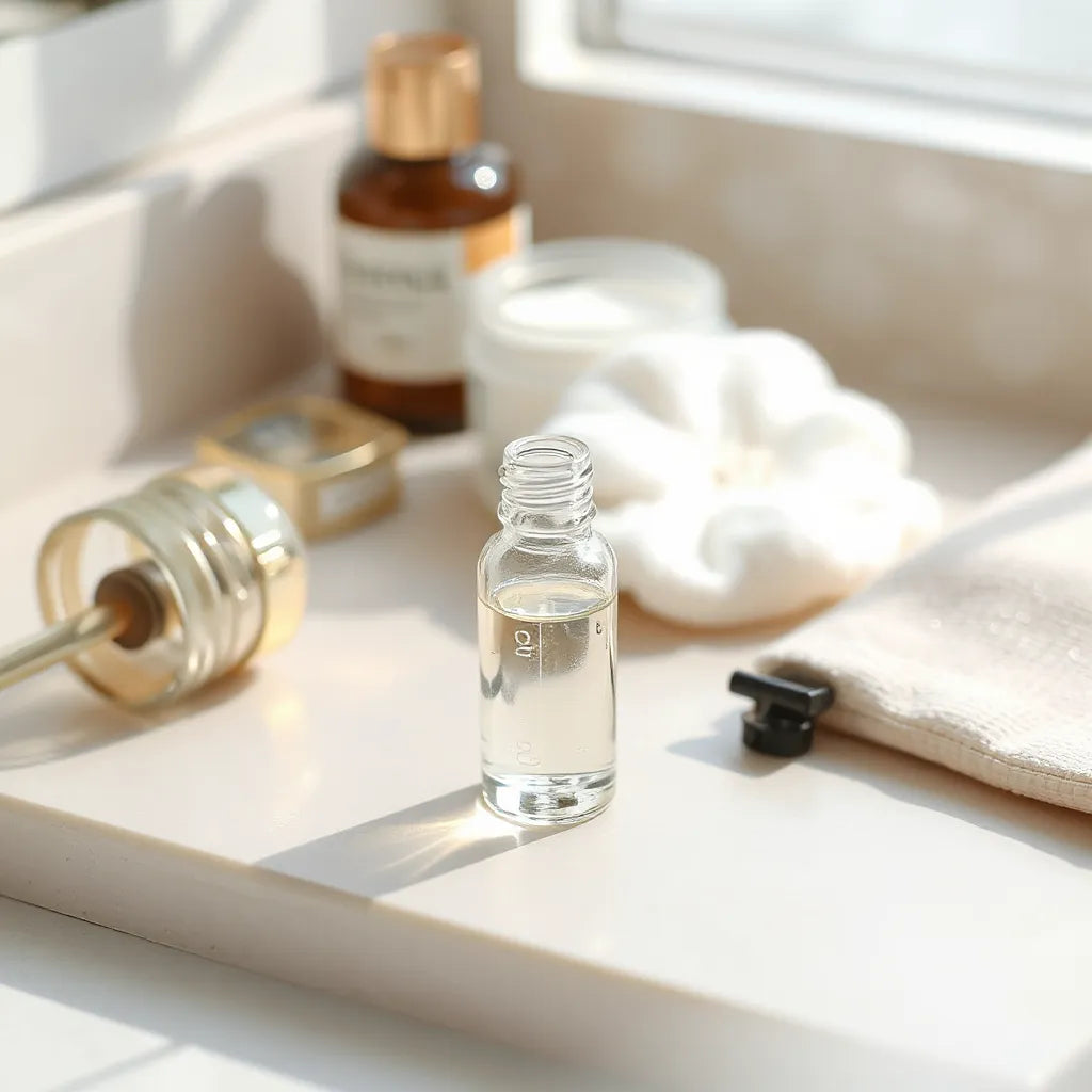 Glass dropper bottle of clear hydrating facial serum on a clean vanity with soft natural light