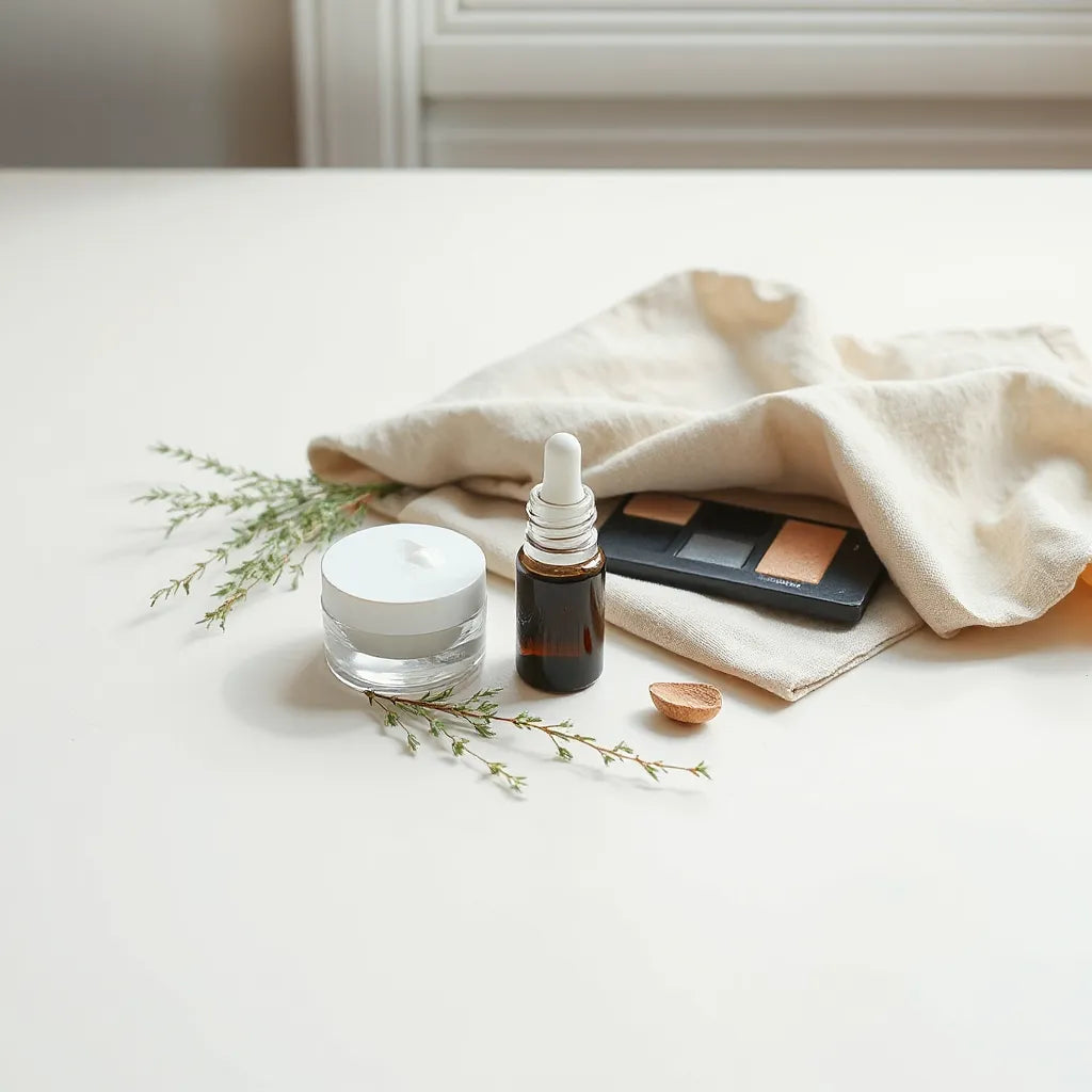 Minimal skincare setup with non-toxic-looking bottles and cream jar on a light vanity
