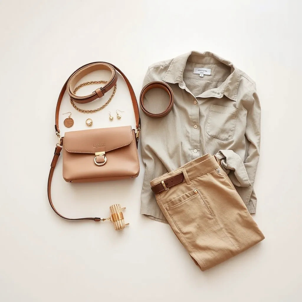 Layered jewelry, earrings, and a crossbody bag styled next to a neutral outfit