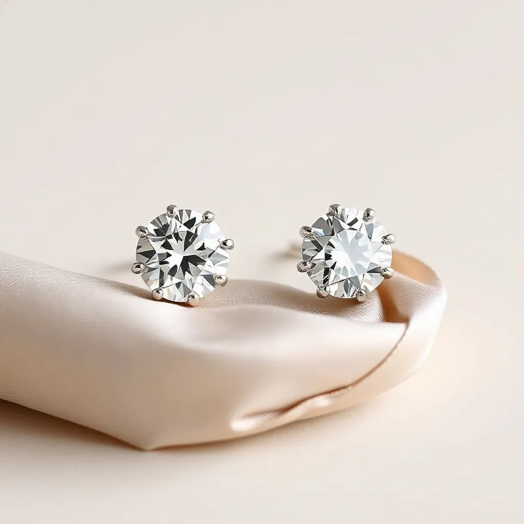 Lux full diamond stud earrings on a neutral background with crisp sparkle and soft lighting
